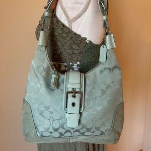 Coach Signature Blue Canvas Suede Leather Trim Buckle Hobo Shoulder Bag